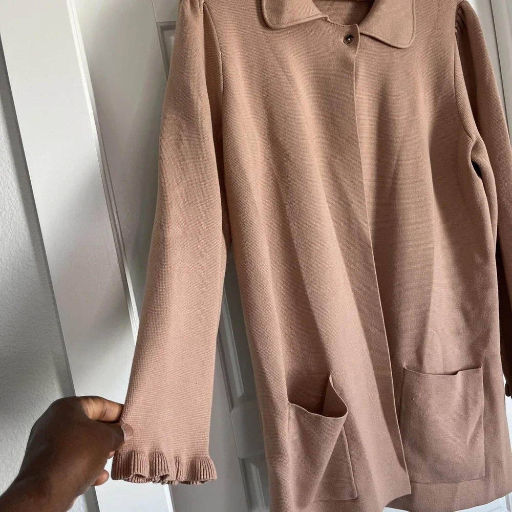 Kate Spade Long Knit Open Cardigan Blazer Sweater XL Ruffle Sleeve Classic Beige